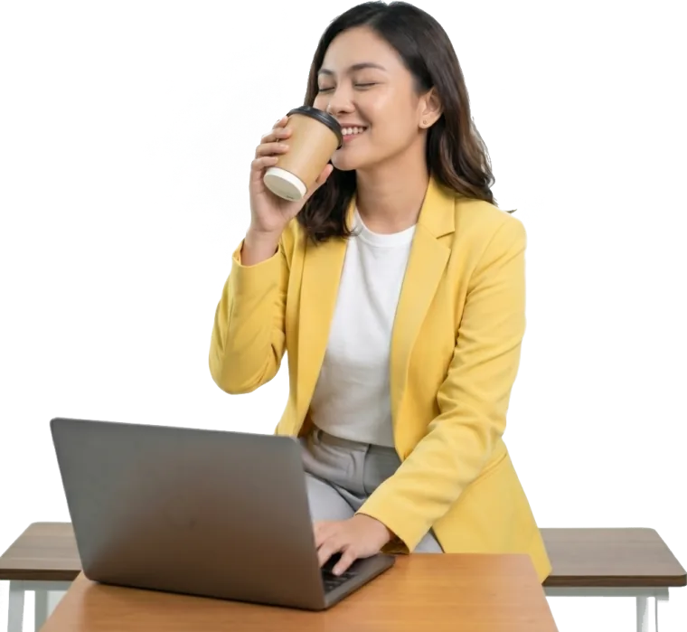 A relaxed marketer sipping coffee while FAVOR runs her campaigns